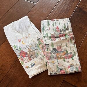Set of two pottery barn holiday tea towels Colorful Christmas Village Print